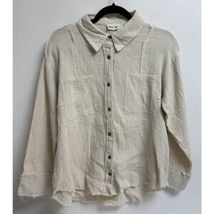 New In Cream Gauze Button Down Shirt Women’s Small Raw Hem Double Pocket Rayon